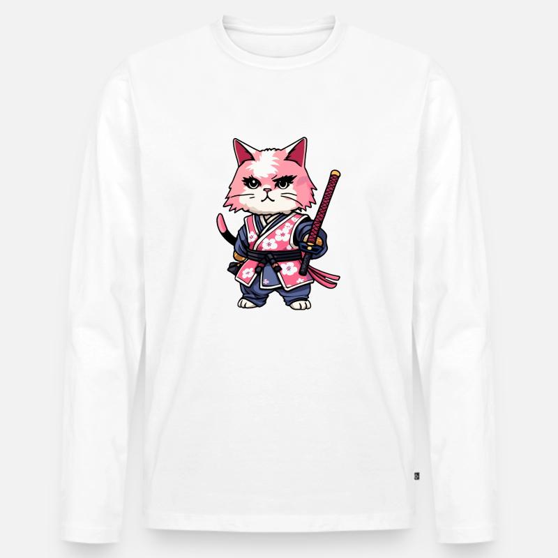 Samurai Katze & Kirschblüten #11 - Männer Premium Bio Langarmshirt - Weiß