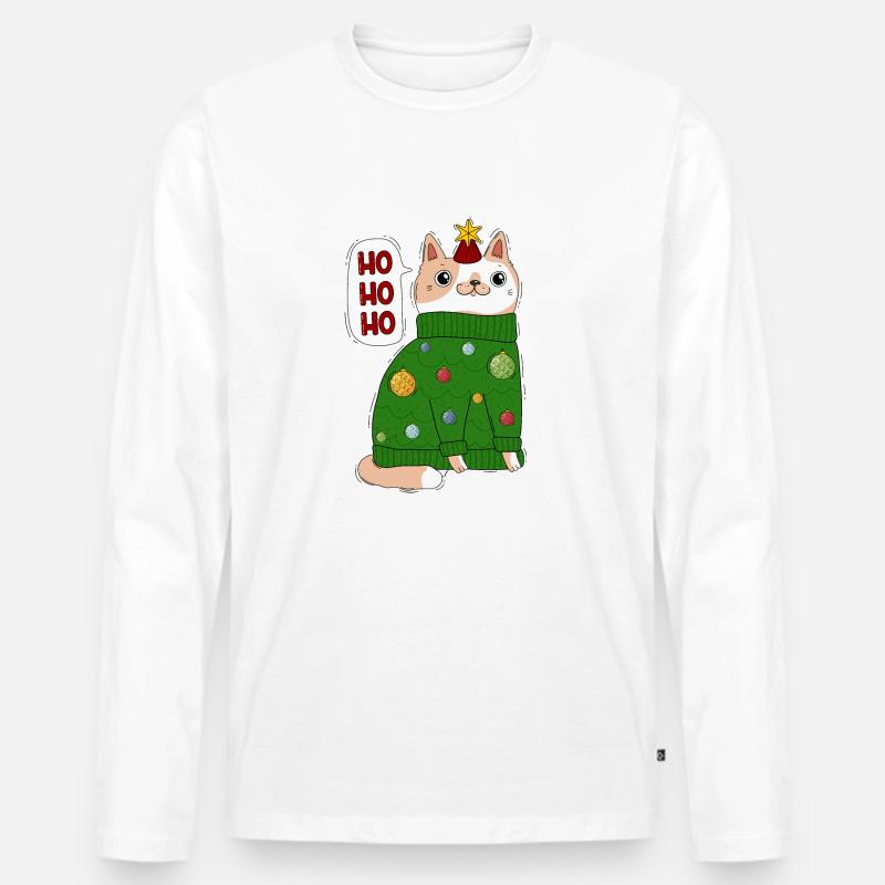 Katze im Weihnachtspullover - Männer Premium Bio Langarmshirt - Weiß