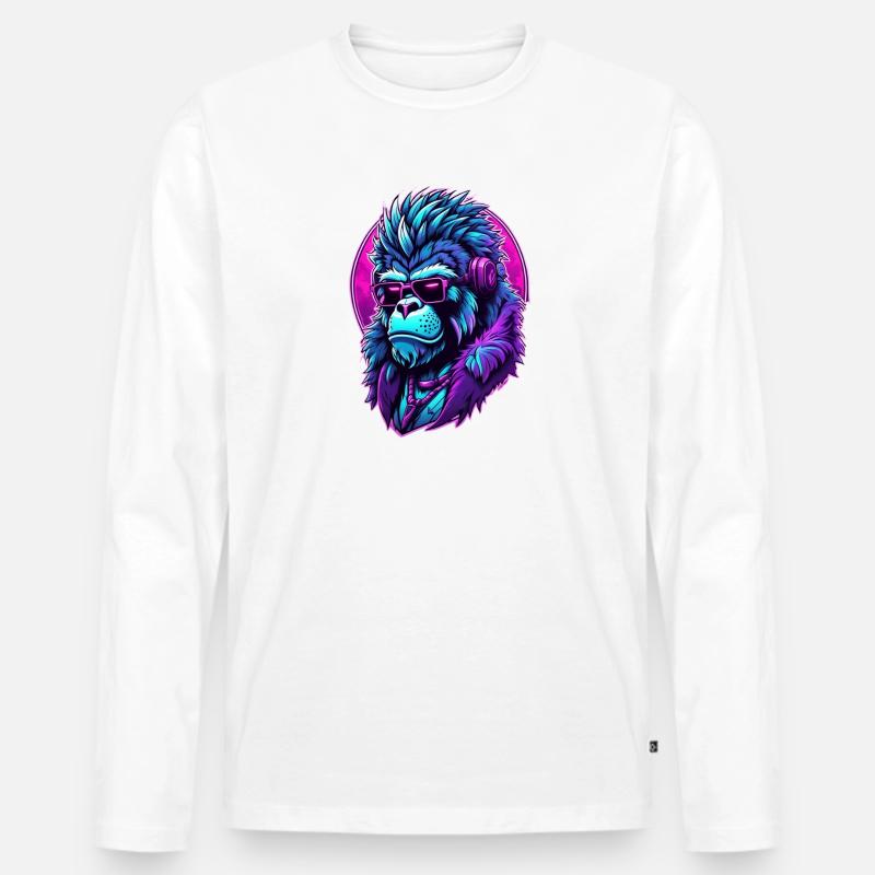 Berauschter Gorilla mit Kopfhörern - Männer Premium Bio Langarmshirt - Weiß