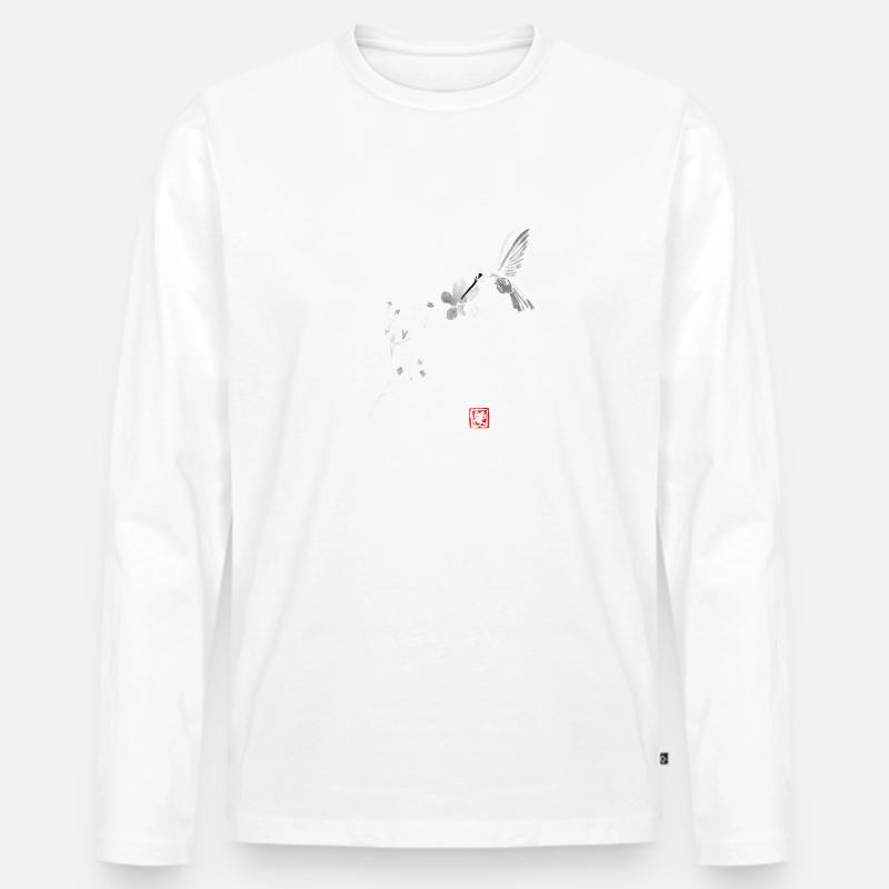 Sakura und Vogel - Männer Premium Bio Langarmshirt - Weiß