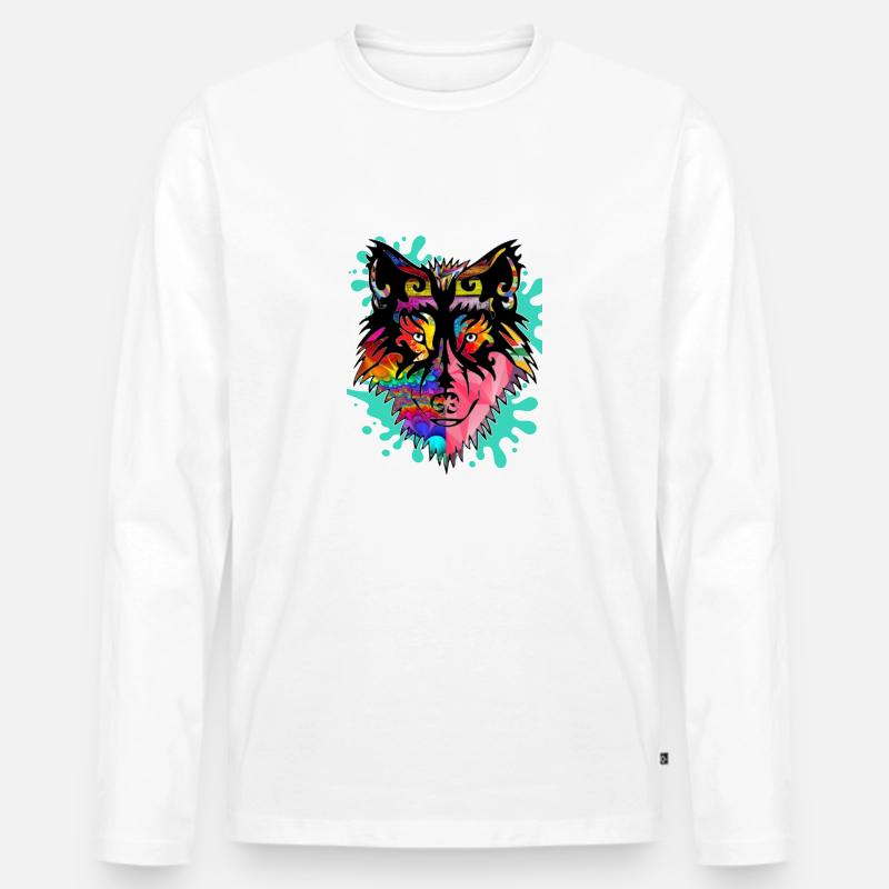 Wolf, bunt, - Männer Premium Bio Langarmshirt - Weiß