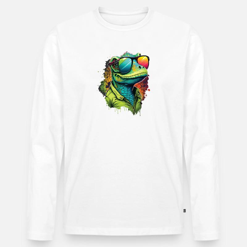 Bunter Dinosaurier mit Sonnenbrille - Männer Premium Bio Langarmshirt - Weiß