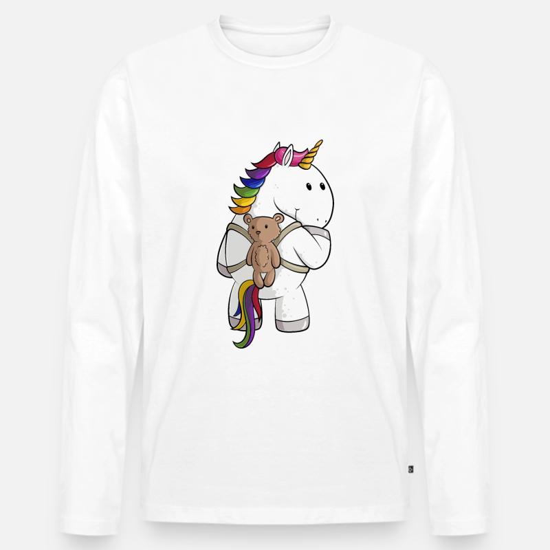 Comic Einhorn mit Rucksack - Männer Premium Bio Langarmshirt - Weiß