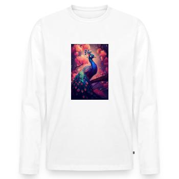 Paon Oiseau Animal Fleur de Paon - T-shirt manches longues Premium bio Homme - blanc - Devant - Nico (187cm)