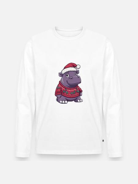Nilpferd Weihnachten Comic - Männer Premium Bio Langarmshirt - Weiß