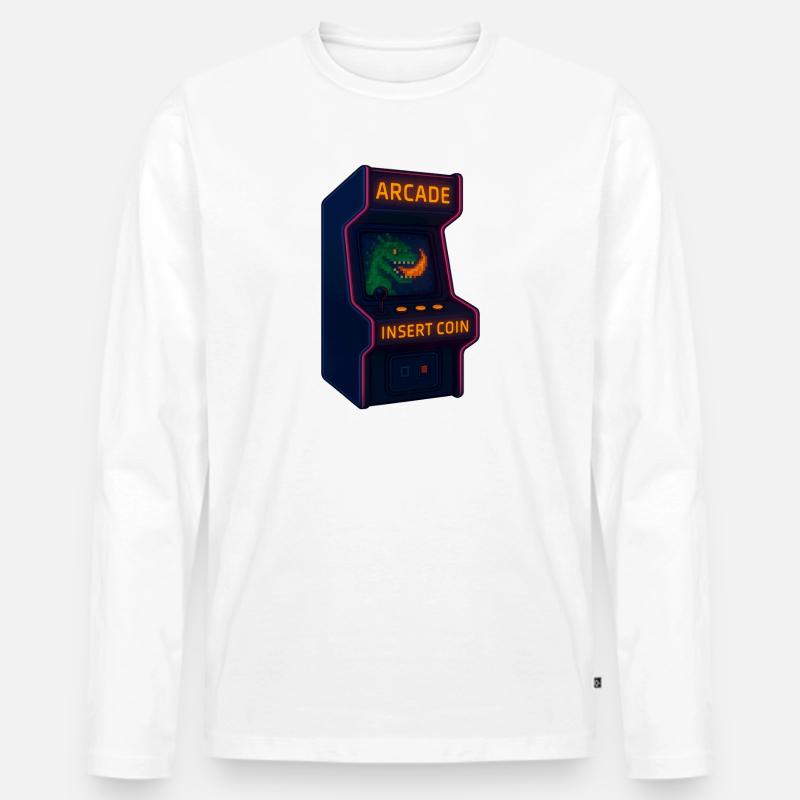 Dino Arcade Neon Pixel - Männer Premium Bio Langarmshirt - Weiß