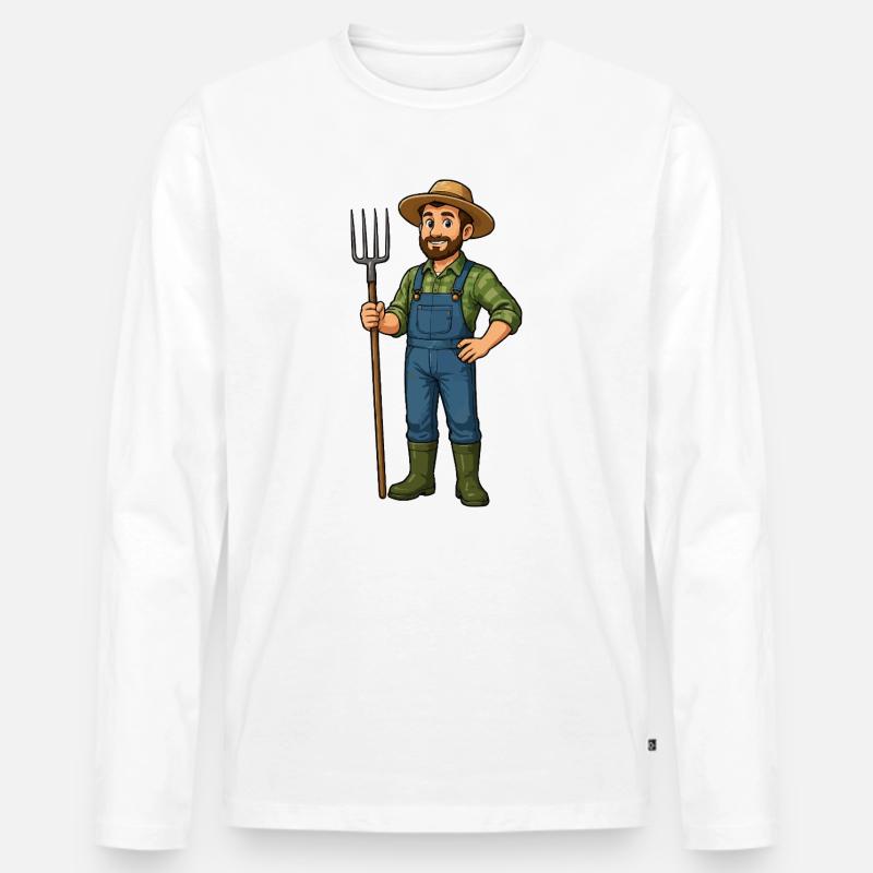 Bauer mit Heugabel Cartoon - Männer Premium Bio Langarmshirt - Weiß