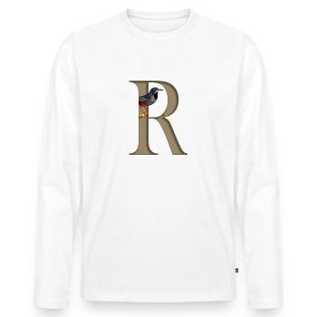 Lettre initiale R, Oiseau grive à pattes rouges - T-shirt manches longues Premium bio Homme - blanc - Devant - Nico (187cm)