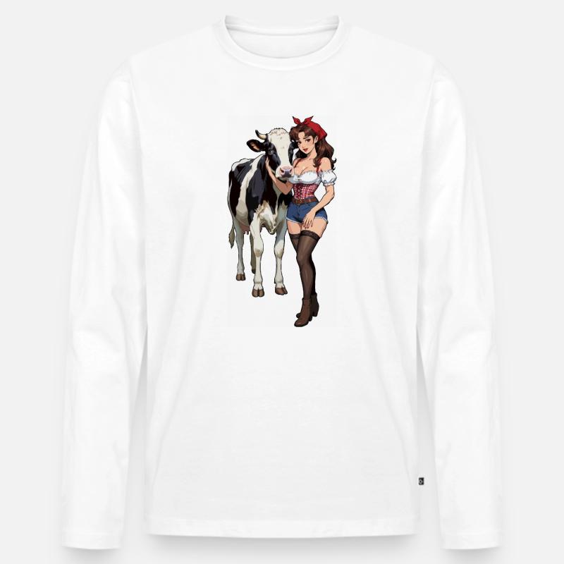 Pinup-Bauernfrau mit Kuh - Männer Premium Bio Langarmshirt - Weiß