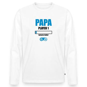 dad player 1 low battery - Men's Premium Organic Long Sleeve Shirt - white - Front - Nico (187cm)