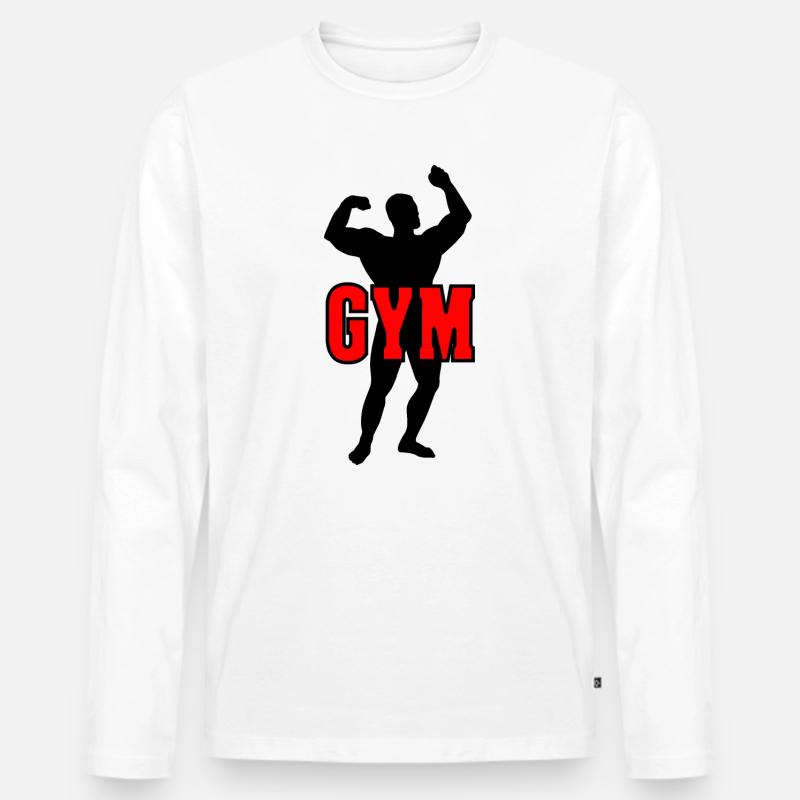 Bodybuilder-Schattenbild mit rotem Text "GYM - Männer Premium Bio Langarmshirt - Weiß