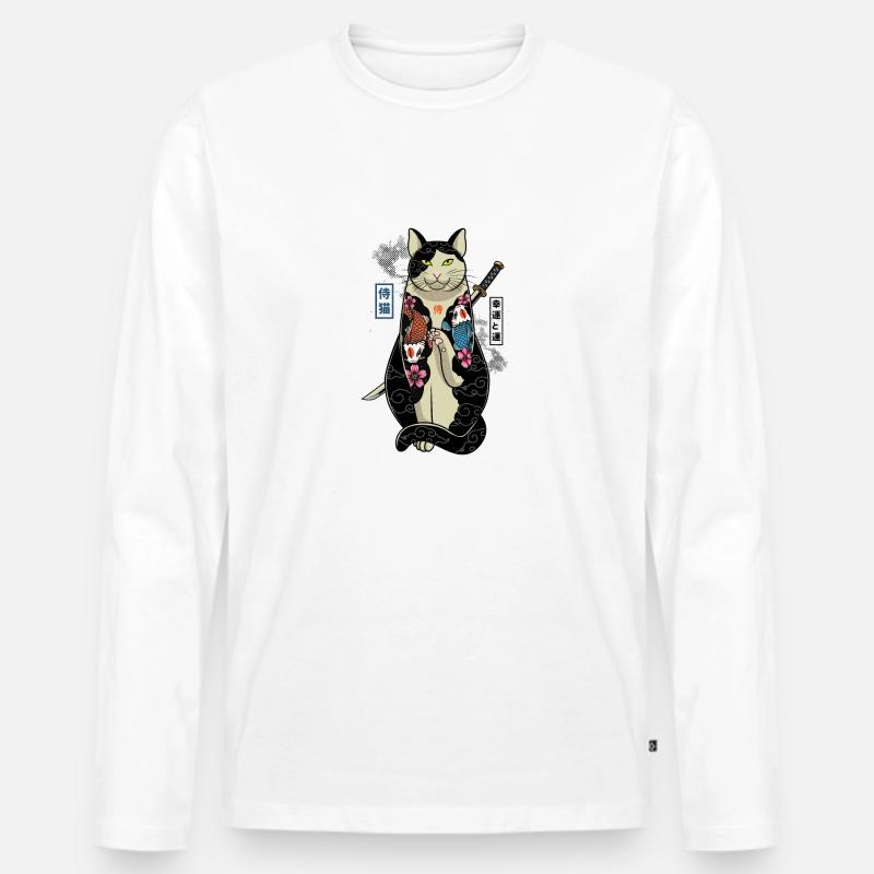 samurai cat - maneki neko - Männer Premium Bio Langarmshirt - Weiß