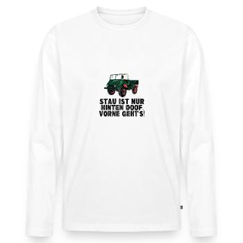 Stau ist nur hinten doof, vorne geht's! - Unimog - Männer Premium Bio Langarmshirt - Weiß - Vorne - Nico (187cm)