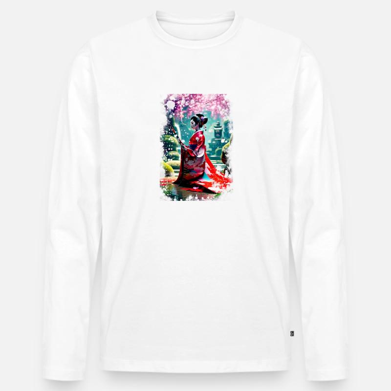 geisha,aquarell, landschaft,malerei,anime,sakura - Männer Premium Bio Langarmshirt - Weiß