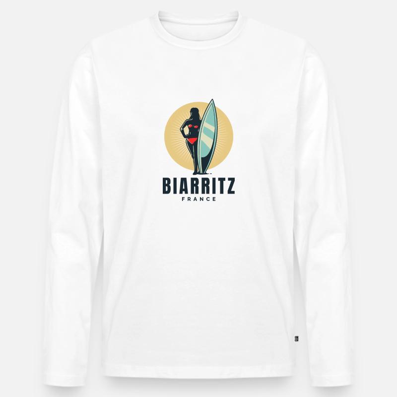 Biarritz Frankreich Retro Surfer Mädchen - Männer Premium Bio Langarmshirt - Weiß