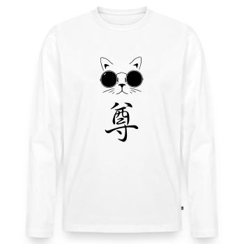 Cool cat with jap. Symbol for "respect" - Men's Premium Organic Long Sleeve Shirt - white - Front - Nico (187cm)