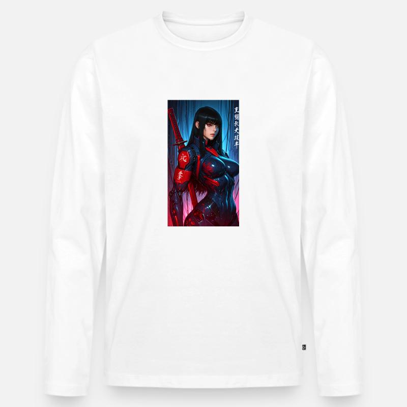 3D Sci-Fi Cyberpunk-Samurai-Kriegerin mit Katana - Männer Premium Bio Langarmshirt - Weiß
