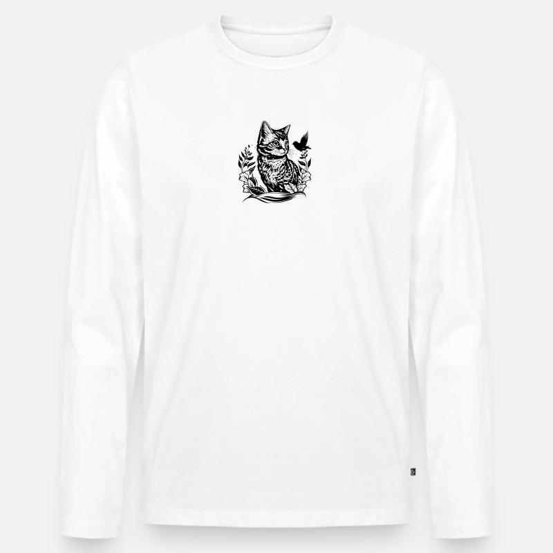 Katzenwald Linienzeichnung mit Vogel - Männer Premium Bio Langarmshirt - Weiß
