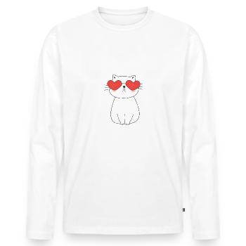Valentine's Day cute cat with two heart eyes - Men's Premium Organic Long Sleeve Shirt - white - Front - Nico (187cm)