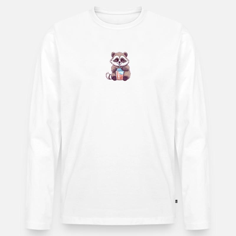 Waschbär mit Eiskaffee - Männer Premium Bio Langarmshirt - Weiß