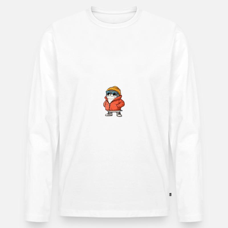 Robbe Tier Winter Comic - Männer Premium Bio Langarmshirt - Weiß