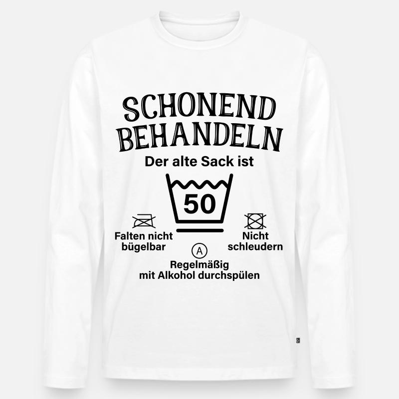 Schonend Behandeln Sack Geschenk 50. Geburtstag - Männer Premium Bio Langarmshirt - Weiß