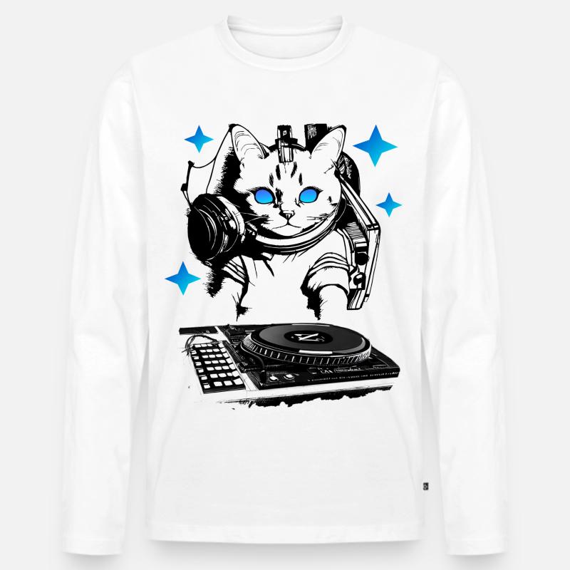 DJ Katze mit Mischpult - Männer Premium Bio Langarmshirt - Weiß
