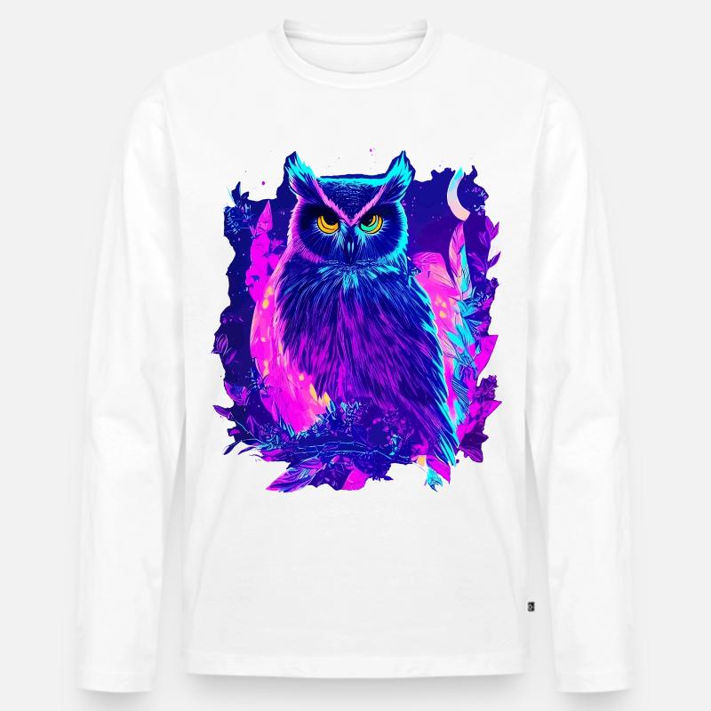 Neon leuchtende Eule Synthwave - Männer Premium Bio Langarmshirt - Weiß