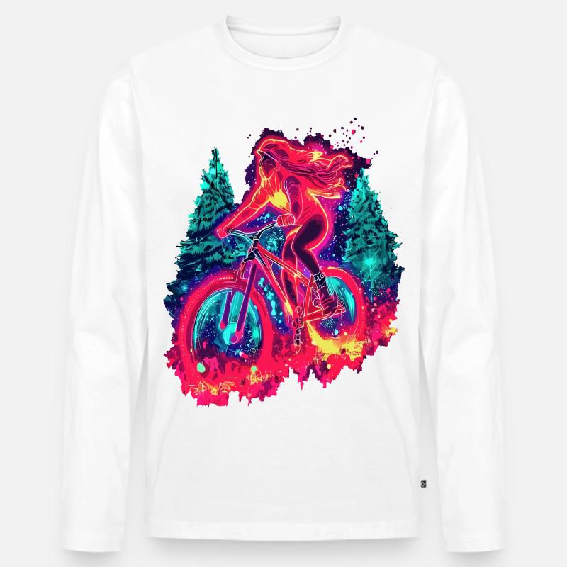 Synthwave Mountainbike Mädchen Waldfahrt - Männer Premium Bio Langarmshirt - Weiß