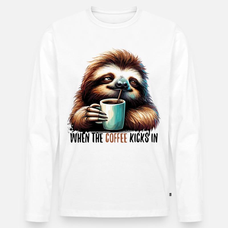 Faultier Kaffee kickt Geschenk - Männer Premium Bio Langarmshirt - Weiß