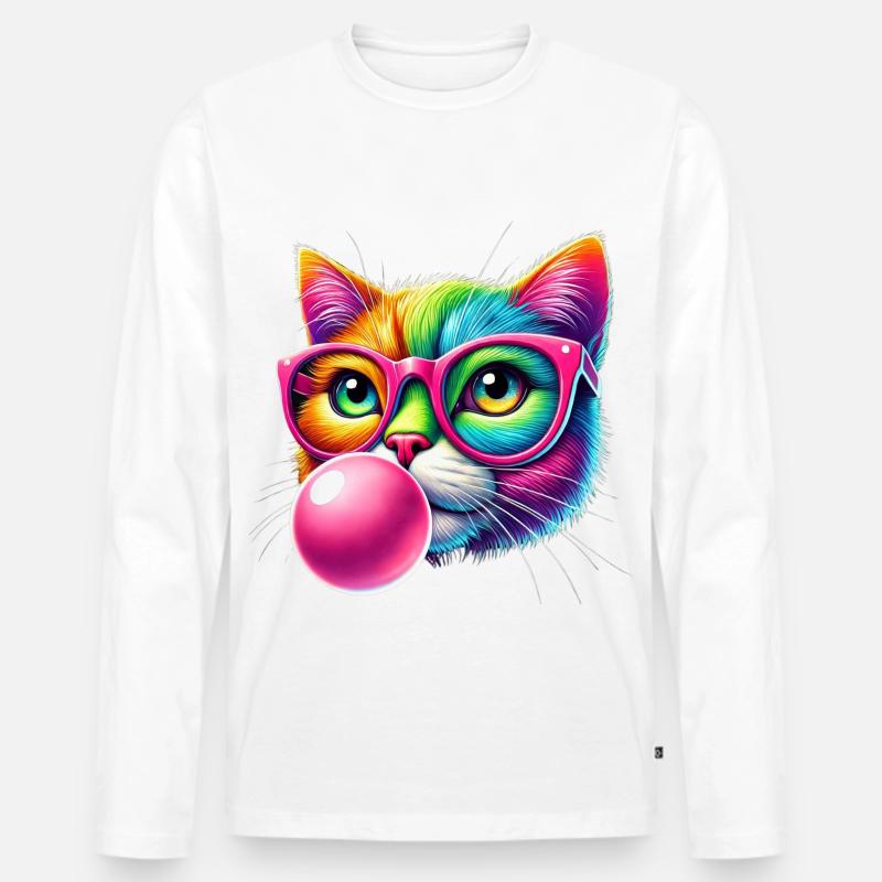 Bunte Katze mit Brille und Kaugummi-Design - Männer Premium Bio Langarmshirt - Weiß
