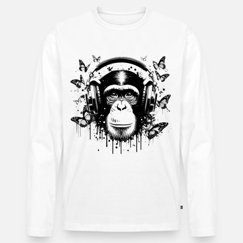 GROOVIN' MONKEY MIT KOPFHÖRERN - Männer Premium Bio Langarmshirt - Weiß