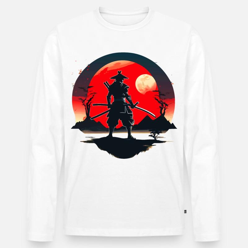 Samurai-Silhouette mit rotem Mondhintergrund - Männer Premium Bio Langarmshirt - Weiß