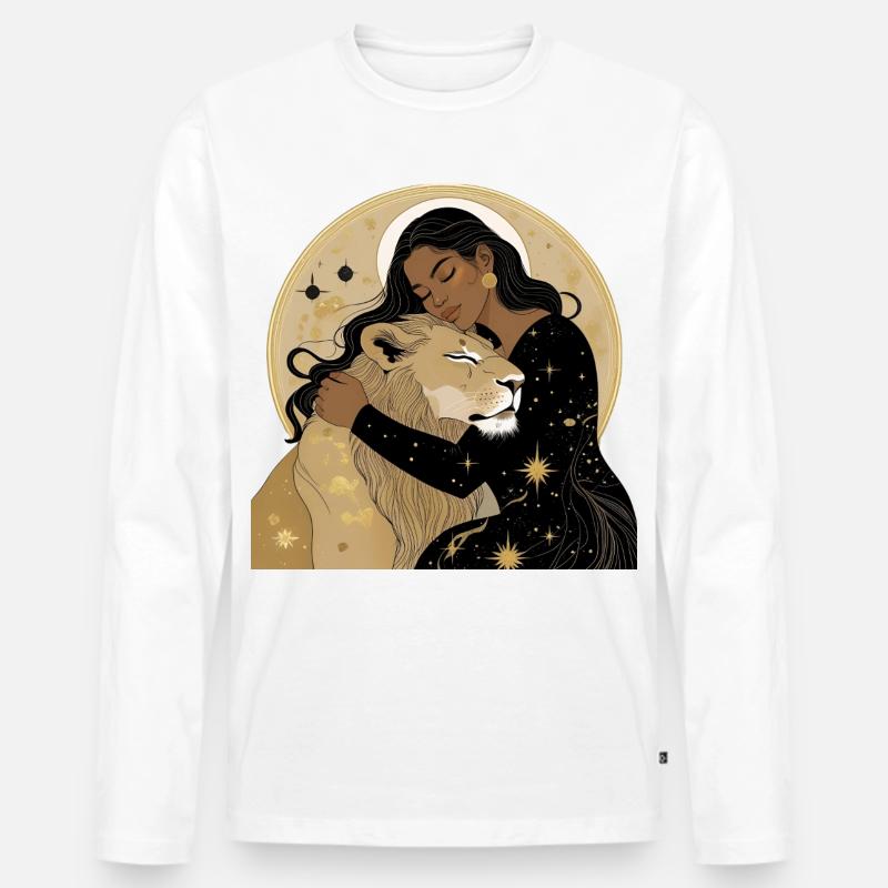 Frau mit Löwe in Sternenhimmel - Männer Premium Bio Langarmshirt - Weiß