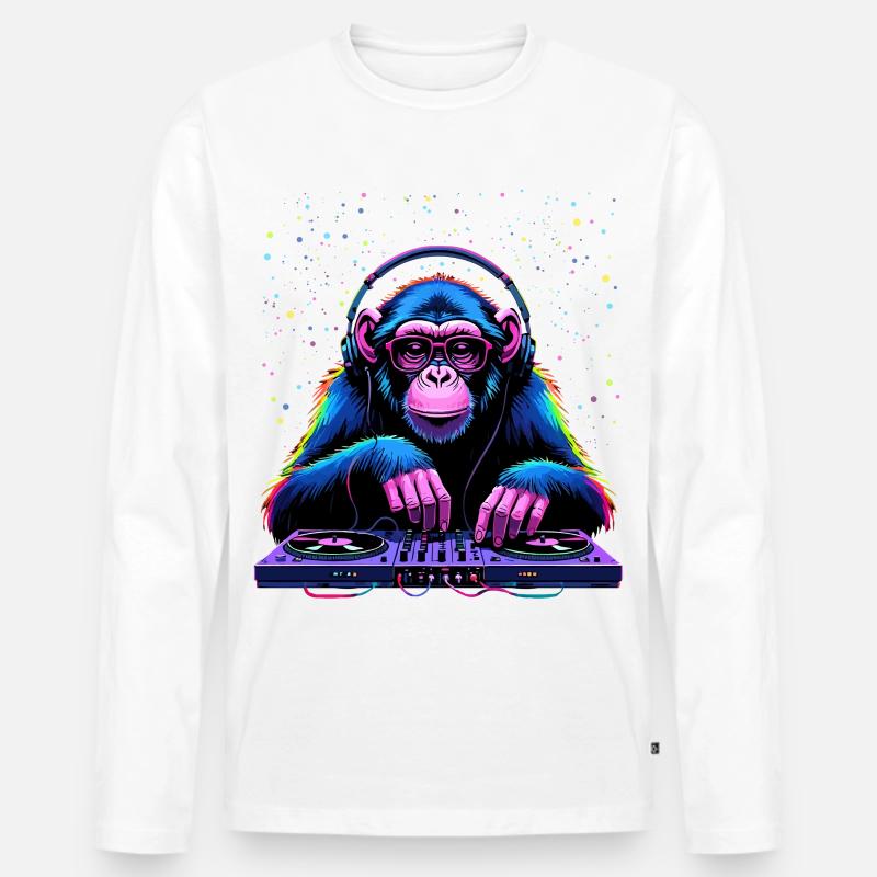 Bunter DJ-Affe mit Kopfhörern und Brille - Männer Premium Bio Langarmshirt - Weiß