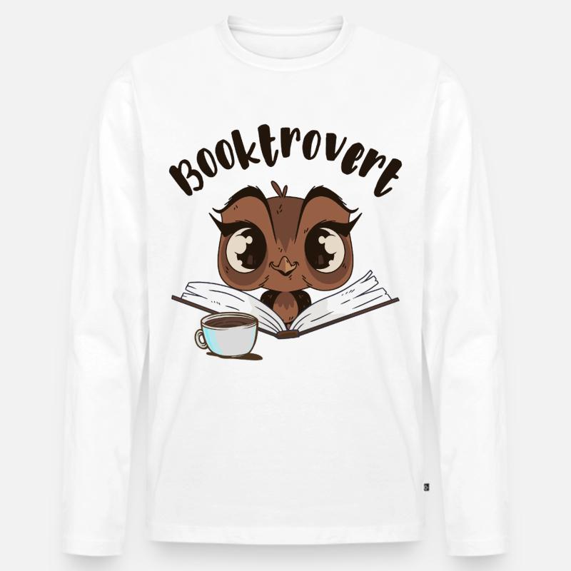 Booktrovert Eule mit Buch und Kaffee - Männer Premium Bio Langarmshirt - Weiß