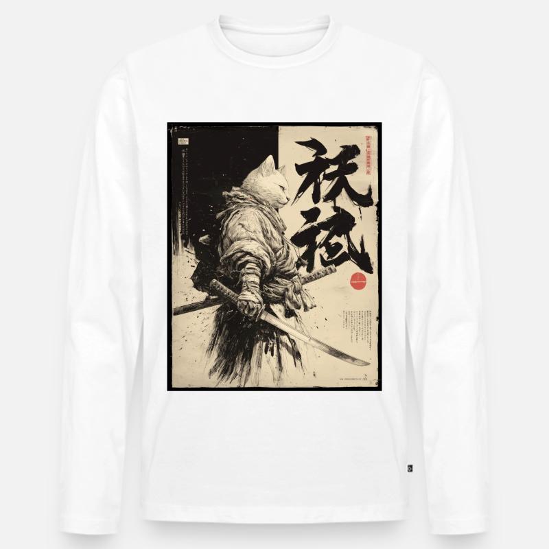 Samurai Katze, Japanischer Krieger & Kämpfer - Männer Premium Bio Langarmshirt - Weiß