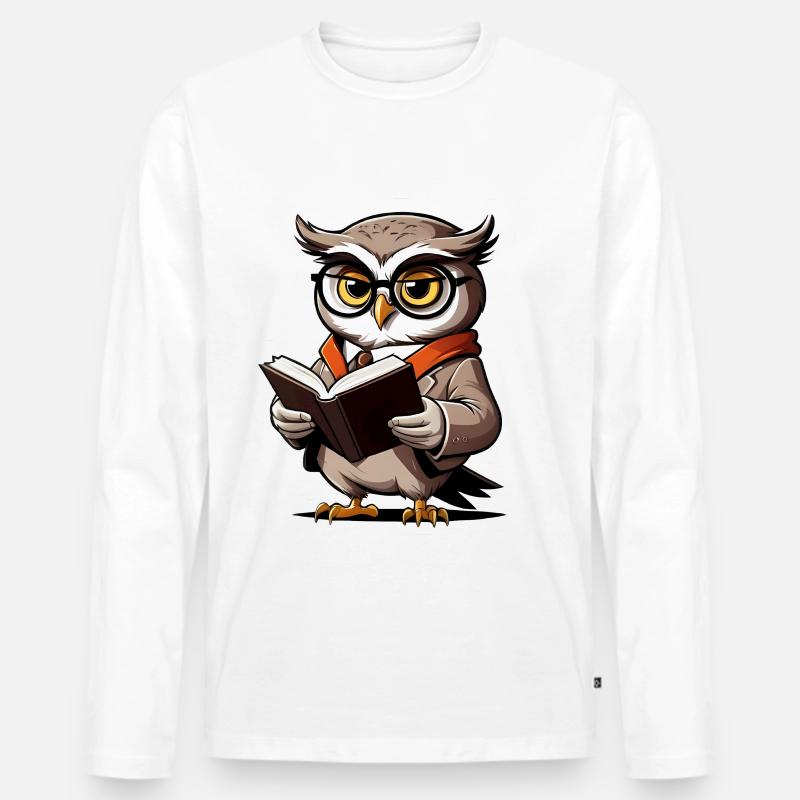 Eule mit Brille und Buch - Männer Premium Bio Langarmshirt - Weiß