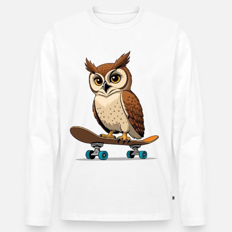Eule auf Skateboard im Comic-Stil - Männer Premium Bio Langarmshirt - Weiß