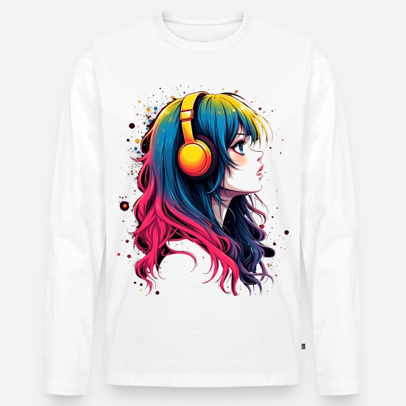Farbiger Anime-Charakter mit Kopfhörer - Männer Premium Bio Langarmshirt - Weiß