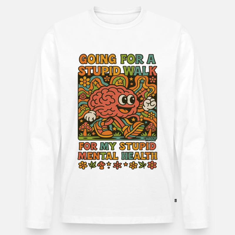 Stupid Walking Brain Retro Psychedelisch - Männer Premium Bio Langarmshirt - Weiß