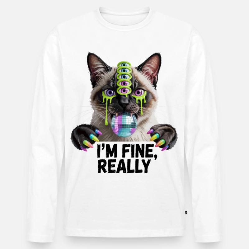 Neon-Mehräugige Disco-Katze - Männer Premium Bio Langarmshirt - Weiß