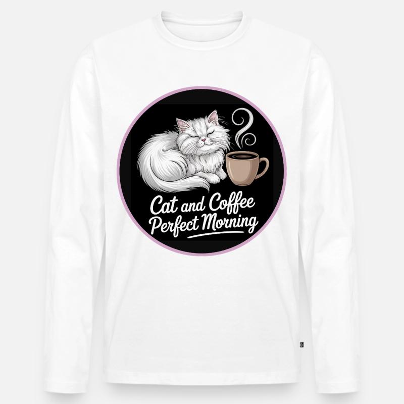 Katze und Kaffee Perfekter Morgen - Männer Premium Bio Langarmshirt - Weiß