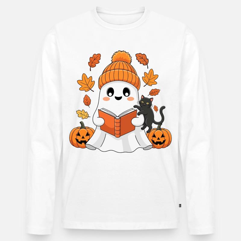 Herbstgeist Leseabend mit Katze - Männer Premium Bio Langarmshirt - Weiß