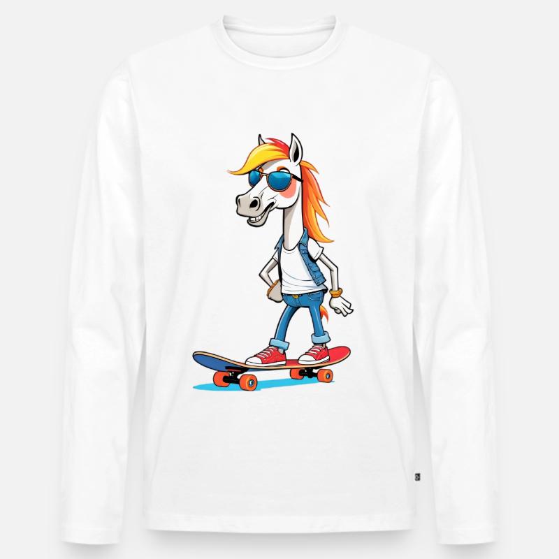 Pony Skateboarder mit Sonnenbrille - Männer Premium Bio Langarmshirt - Weiß