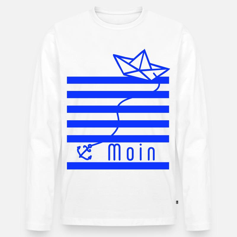 Papierschiff auf blauen Streifen mit Schrift Moin - Männer Premium Bio Langarmshirt - Weiß