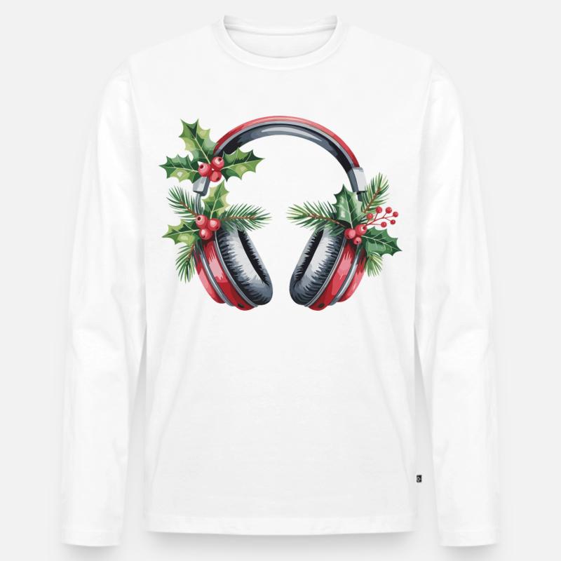 Weihnachtskopfhörer mit Tannengrün - Männer Premium Bio Langarmshirt - Weiß
