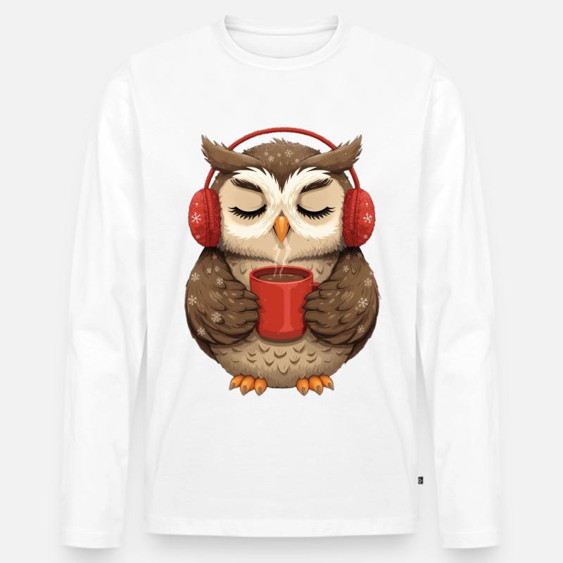 Kuscheleule mit Kopfhörern und Kaffee - Männer Premium Bio Langarmshirt - Weiß