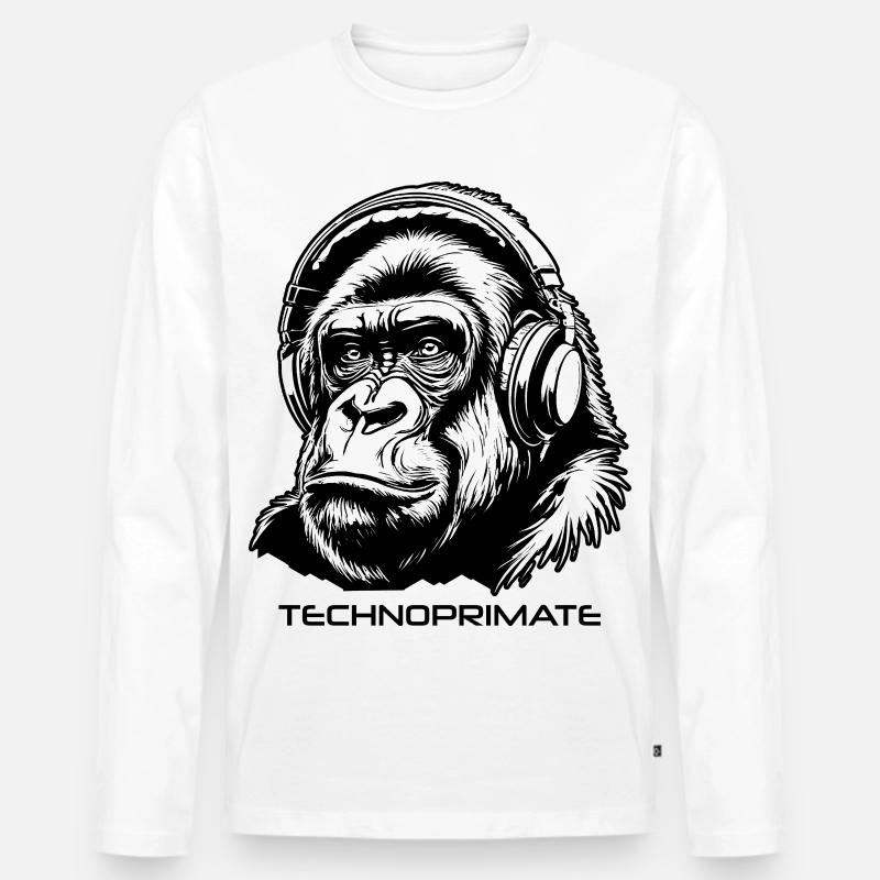 Techno Primate Kopfhörer Ape Art #3 Schwarz - Männer Premium Bio Langarmshirt - Weiß