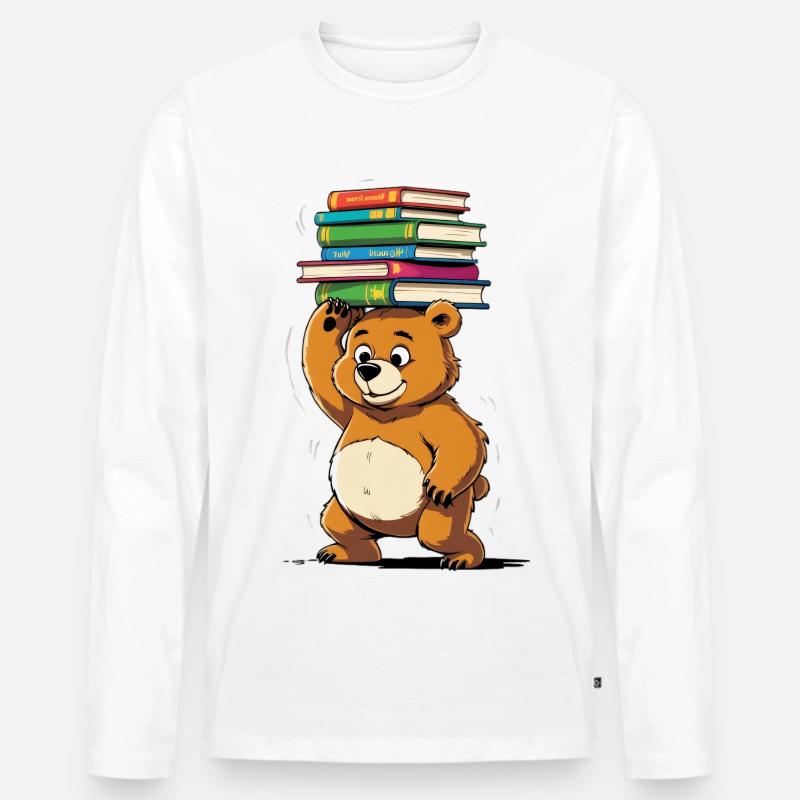 Lernbär mit Bücherstapeln - Männer Premium Bio Langarmshirt - Weiß